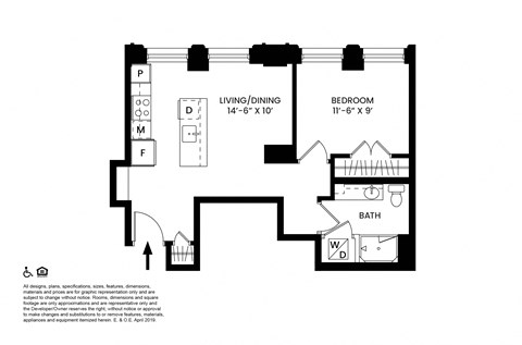 Floor plan for 1 bed, 1 bath, 593 sqft